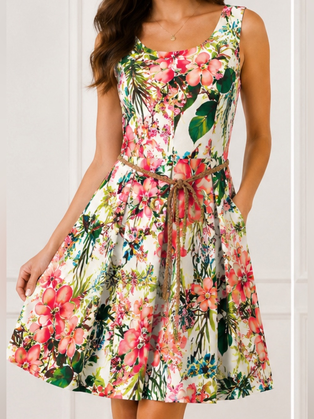 Danny & Nicole White Floral Fit-and-Flare Dress with Pink and Green Print